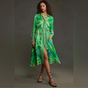 FARM Rio Green Tropical Button-Front Midi Dress
